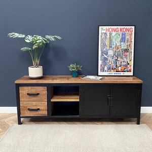 Sara Luxury Industrial Style Large TV and Media Unit Made From Steel and Distressed Solid Mango Wood Black Frame and Door