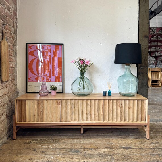 Oskar Solid Acacia Wood 3 Door TV Stand Japandi Coastal Sideboard Made From Solid Acacia Wood and Features a Oak Natural Finish Hand Made Etsy