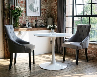 Bella White Round Dining Table Set with 2 or 4 Portia Chairs in Grey Velvet - White Gloss Base and Stem with a Durable White Matt Top