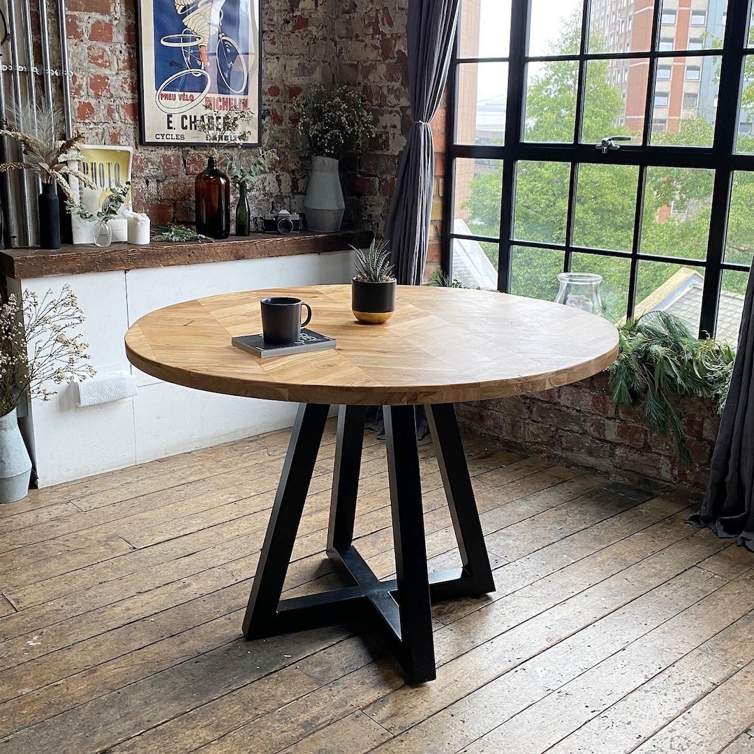 Cala Luxury Parquet Style Round Solid Acacia Wood Industrial Dining Table With Herringbone Stone ...