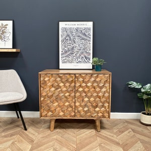 Iona 2 Door Small Solid Wood Sideboard Made from Solid Mango Wood with a Geometric 3D Pattern Beautiful Wooden Handmade Sideboard Cabinet