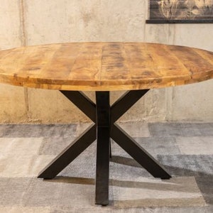 Luxury Round Solid Mango Wood Industrial Hand Made Dining Table with Black Metal Legs and a Distressed Honey / Walnut Finish 3 Sizes