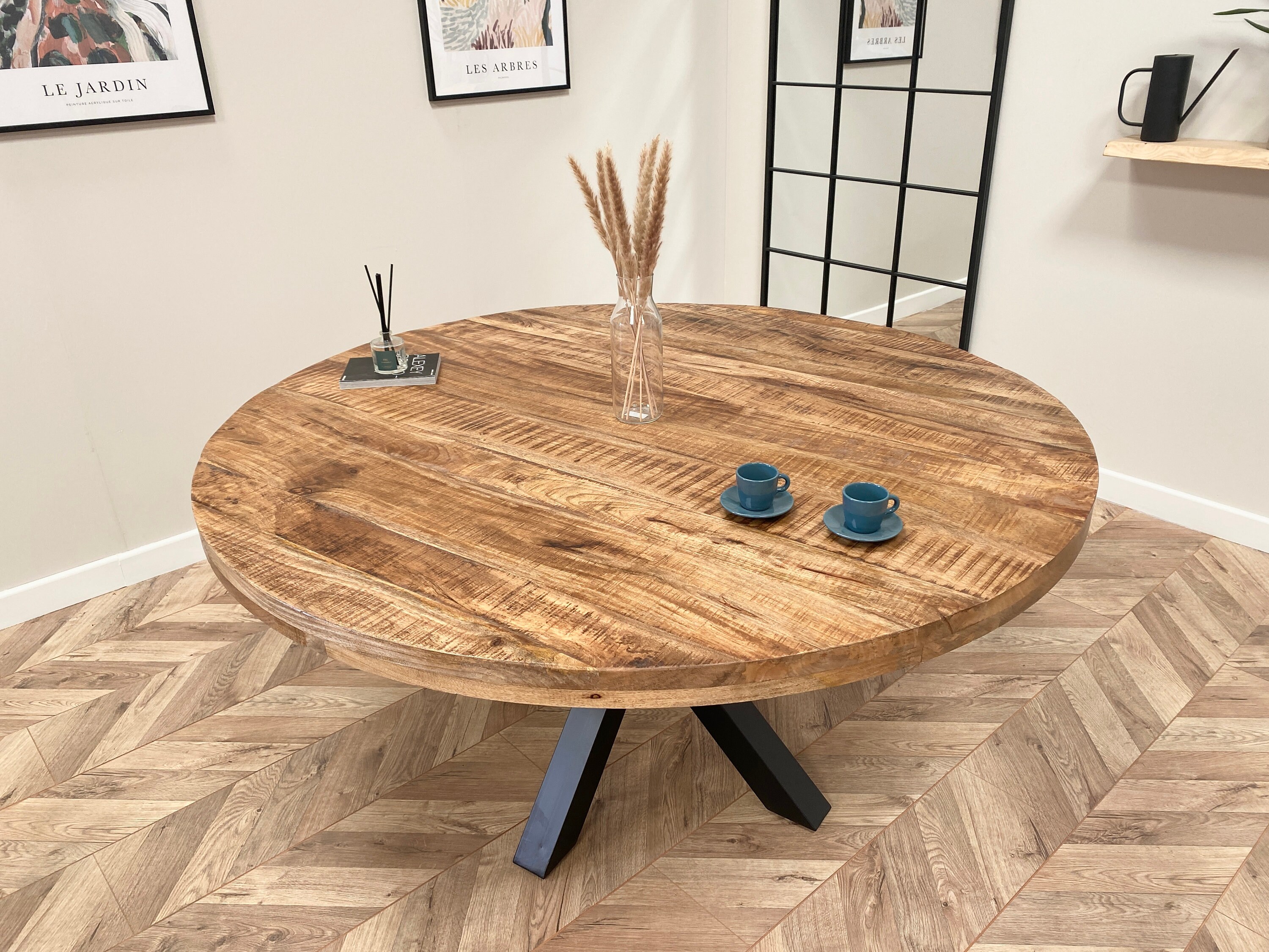 Luxury Round Solid Mango Wood Industrial Dining Table With Etsy UK