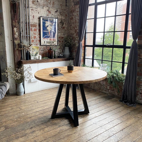 Cala Luxury Parquet Style Round Solid Acacia Wood Industrial Dining Table With Herringbone Stone Finish Black Legs 3 Sizes 1.0m 1.2m 1.4m Etsy UK