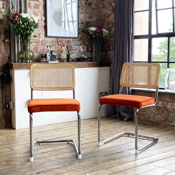 2 X Brooklyn Luxury Dining Chair With a Chrome Frame and Hand Woven Natural Rattan Backrest Featuring Burnt Orange Seat Pad Etsy UK