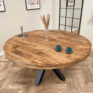 Sara Luxury Round Hand Made Solid Mango Wood Industrial Dining Table with Black Metal Legs and a Distressed Walnut Finish Four Sizes image 3