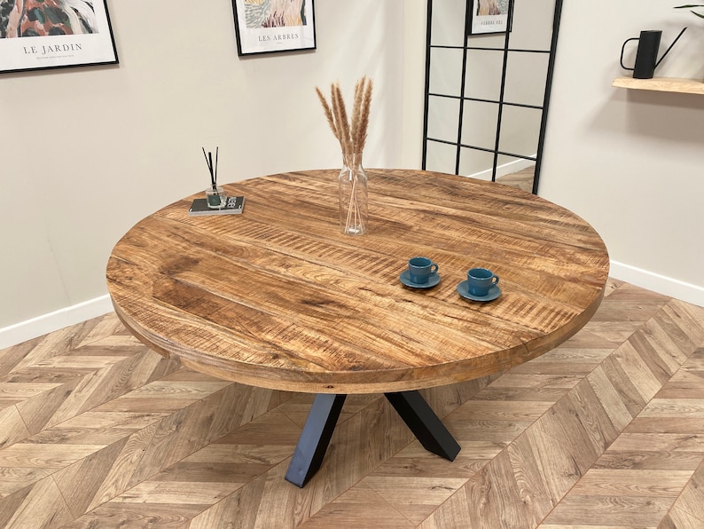 Sara Luxury Round Hand Made Solid Mango Wood Industrial Dining Table with Black Metal Legs and a Distressed Walnut Finish Four Sizes image 3