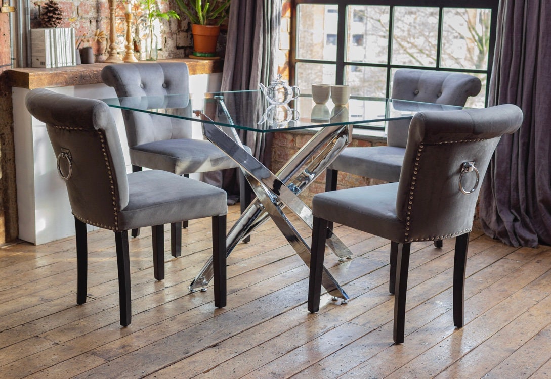 Luna Square Glass Dining Table Luxury With Chrome Legs Seats Etsy UK