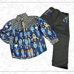 Handgemachtes Jungen Outfit Rocket Shirt und Hose – Cosmic Adventure