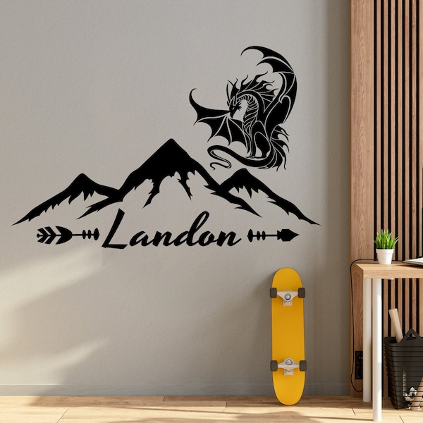 Boys Custom Name Wall Decal / Dragon Vinyl Sticker / Personalized Boy Name Nursery Decor / Mountains Wall Decals / Dragon Bedroom Art ER222