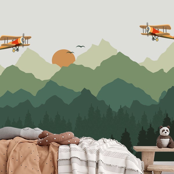 Mountain and Planes Wallpaper for Boys Room Removable, Pine Forest Wall Mural, Green Ombre Mountains Non-Woven Wallpaper, Airplane Wallpaper