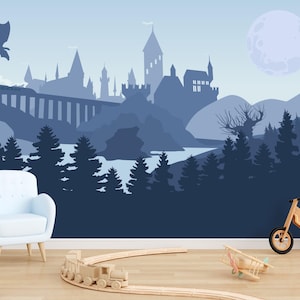 New Wizard's Castle Wallpaper for Boys Room Removable, Dragon Wall Mural Kids, Fantasy Castle Peel and Stick, Blue Forest Wallpaper PVC-free