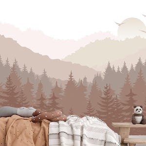 Forest Landscape Wallpaper for Kids Room. Ombre Mountains Wallpaper Peel and Stick. Pine Tree Decor. Adhesive Non-Woven Woodland Wallpaper