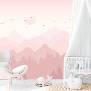 NEW Mountains Wallpaper for Girl Room. Forest with Moon Wall Mural. Pink Pastel Ombre Mountains Wallpaper. Mountains Wallpaper Removable