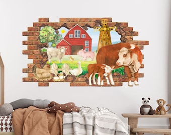 Farm Watercolor Wall Sticker. Farm Animals Hole in the Decal. Farmhouse Removable Vinyl Mural. Farm Kids Room Decor. Peel and Stick ER408