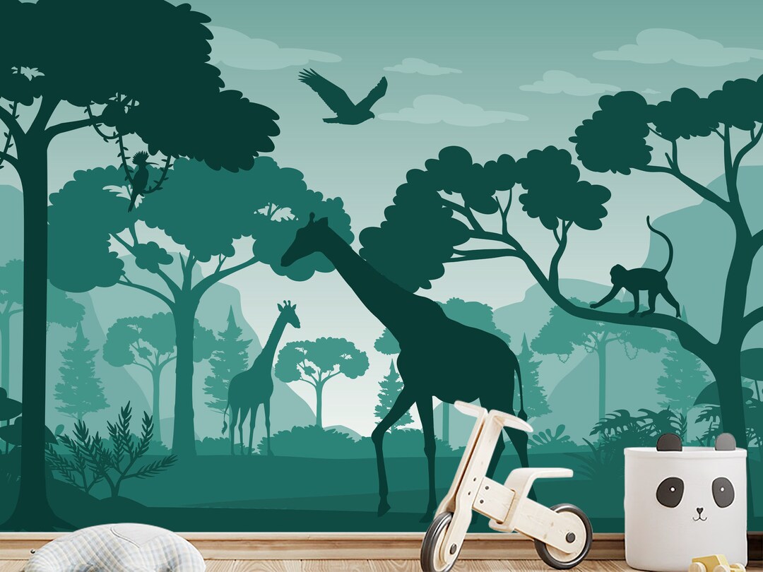 Safari Animals Wallpaper Kids Room, Jungle Wall Mural, Green Wallpaper Safari, Giraffe, Monkey