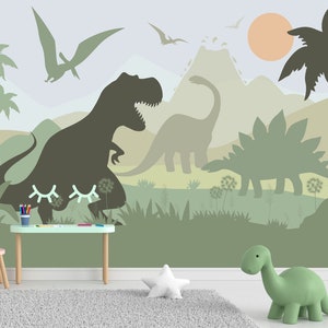 Dinosaur Wallpaper for Nursery Room Removable, Jurassic World Wall Mural, Dino Trex and Palm Wallpaper Adhesive Baby Kids Playroom Decor