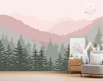 Mountains Wallpaper for Girl Room. Green Forest and Pink Pastel Ombre Mountain Wall Mural. Woodland Wallpaper Removable. Pine Tree Decor