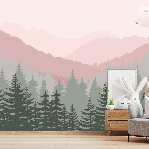 Mountains Wallpaper for Girl Room. Green Forest and Pink Pastel Ombre Mountain Wall Mural. Woodland Wallpaper Removable. Pine Tree Decor