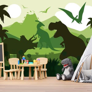 Green Dinosaur Trex Wallpaper for Nursery Room Removable, Jurassic World Wall Mural, Dinosaur Wallpaper Canvas Peel And Stick, Dino Gift