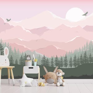 New Mountains Wallpaper for Girl Room Removable, Green Forest Wall Mural, Pastel Pink Ombre Mountains Non-Woven Wallpaper, Woodland Decor