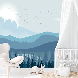 Mountain Landscape Wallpaper for Nursery Room, Woodland Theme Toddler Kids Wall Mural, Pine Tree Wallpaper Baby Room, Nature Birds Decor