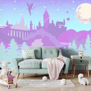 New Castle Fairy Wallpaper for Girl Room. Forest with Moon Wall Mural. Pine Tree Wallpaper. Magical Castle Wallpaper Removable Toddler Decor