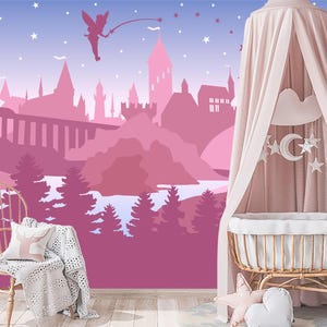 Princesses Castle Wallpaper for Girls Room Removable, Woodland Wallpaper for Kids, Pink Fairy Castle Wall Mural Forest Self-Adhesive