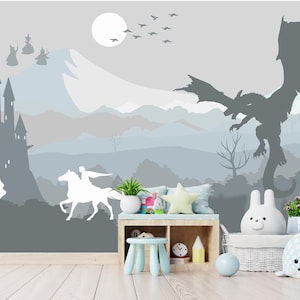 Fairytale Castle and Dragon Wallpaper Canvas PVC-free, Princess Wallpaper for Toddler Room, Pastel Blue Grey Mountains Kids Playroom Decor