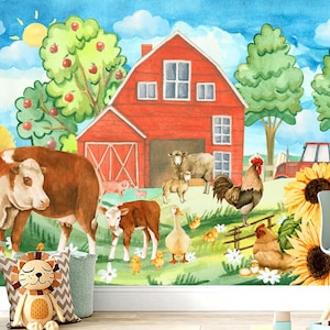 Farm Nursery Wallpaper Removable, Farmhouse Toddler Room Mural, Farm Animals and Flowers Wallpaper Watercolor, Farm Unisex Kids Decor