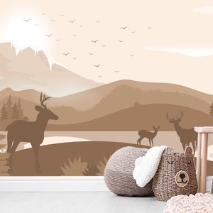 Kids Wallpaper Peel and Stick Deer Silhouette with Forest Wall Mural Woodland Nursery Brown Ombre Mountains and Pine Tree