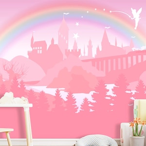 Castle Fairy Wallpaper for Baby Girl Room Removable, Forest Peel and Stick, Wizard Castle Kids Decor, Custom Pink Girl Wallpaper PVC FREE