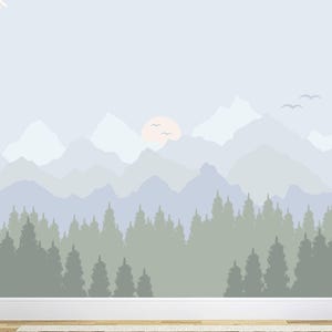 Mountains Wallpaper for Kids Room. Mountains with Sun Wall Mural. Pastel Blue Ombre Mountain Wallpaper. Forest Toddler Woodland Playroom