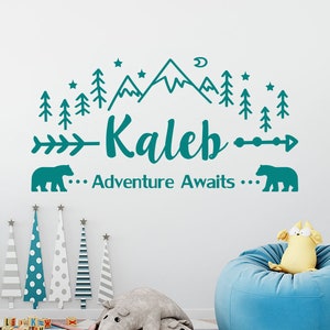 Adventure Awaits Wall Decal. Mountains and Pine Vinyl Stickers. Personalized Boys Name Decals. Bear Decor. Woodland Decal for Nursery ER29