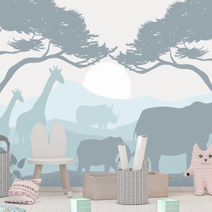Safari Animals Wallpaper Boy Room, Giraffe and Elephant Wall Mural Removable, Blue Grey Wallpaper for Children Non Woven, Playroom Decor