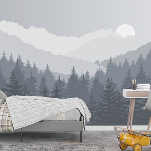 Woodland Wallpaper for Nursery Room Removable. Grey Mountains Peel and Stick Wallpaper Mural. Pine Tree with Moon. Forest Hunting Room Decor