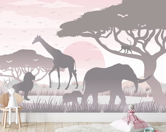 African Safari Wallpaper for Baby Girl Room Removable. Wild Animals - Giraffe Elephant Lion Monkey Wall Murals. Jungle Wallpaper PVC FREE