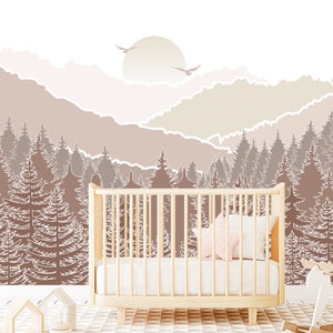 Mountain Wallpaper for Child Room Removable, Forest Landscape Peel and Stick Wallpaper, Pine Tree Adhesive Non-Woven, Woodland Kids Decor