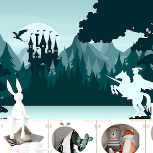 Castle of the Knights Wallpaper Boys Room Removable, Woodland Wallpaper Murals for Kids, Dragon Castle Wall Decor Forest Self-Adhesive