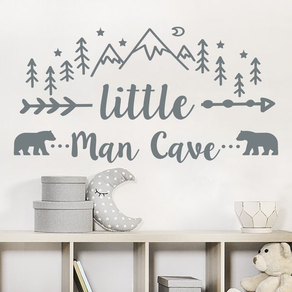 Little Man Cave Wall Decal Woodland Vinyl Sticker Mountains and Pine Tree Nursery Bedroom Decor Animal Bear Above Crib Kids Room Decals ER48