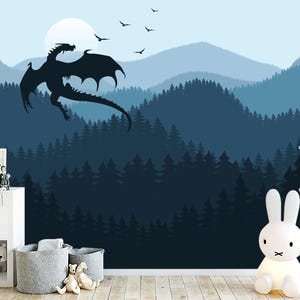 Blue Ombre Mountains Wallpaper for Boys Room Removable, Fairy Dragon and Moon Wall Mural Peel and Stick, Forest Wallpaper Adhesive Non-Woven