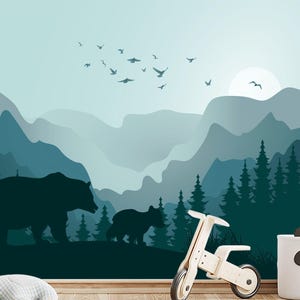 Mountains and Bear Family Wallpaper Peel And Stick, Baby Nursery Woodland Decor, Forest Wall Mural, Pine Tree Wallpaper Adhesive Non-Woven