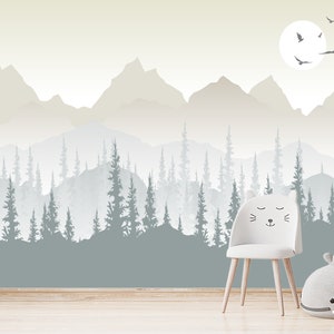 Woodland Wallpaper for Nursery Room Removable. Grey Pastel Ombre Mountains Wall Mural. Pine Tree with Moon Wallpaper. Forest Kids Room Decor
