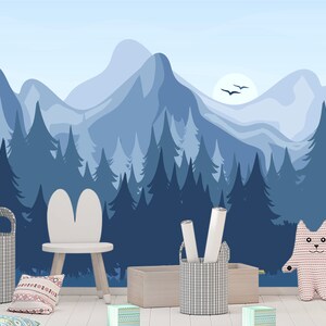 Blue Ombre Mountain Wallpaper for Boys Room. Forest Pine Wallpaper for Infant Removable. Woodland Non-Woven Wallpaper Kids Playroom Decor