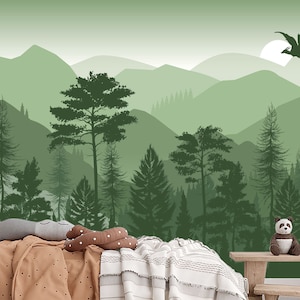 Green Forest and Dragon Wallpaper for KIds Room Removable, Mountains Wall Mural, Pine Tree Wallpaper Peel and Stick, Adhesive Non-Woven