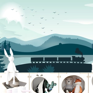 Forest Mountain Wallpaper for Boy Room, Woodland Theme Toddler Nursery Wall Mural, Train Wallpaper Boys Room, Nature Landscape Kids Decor