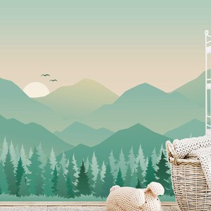 Woodland Wallpaper Nursery, Pine Trees and Mountain Murals, Green Ombre Forest Wall Paper, Woodland Kids Playroom Decor, Fabric Wallpaper