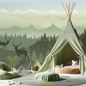 Green Forest Wallpaper for Nursery Room Removable, Mountains Wall Mural Peel and Stick, Pine Tree Wallpaper Non-Woven, Mountain Nature Decor