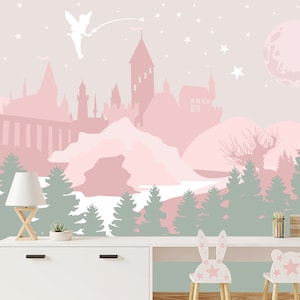 Wizard Castle Wallpaper for Girl Room Removable, Magical Castle Peel and Stick, Castle Fairy Wallpaper, Green Forest Non-Woven Wallpaper