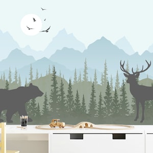 Mountains Wallpaper for Kids Room Removable, Green Pine Tree and Forest Animals Bear Deer Wall Mural, Blue Ombre Mountains Non-Woven Decor